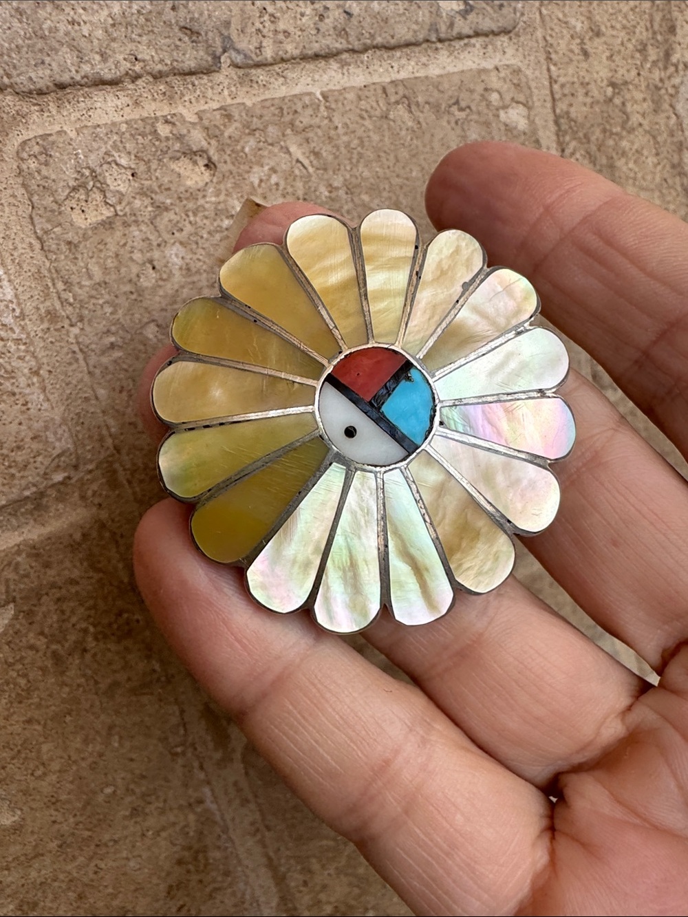 Handcrafted Mother-of-Pearl Sunburst Flower Zuni Ring by Ann Gasper 8